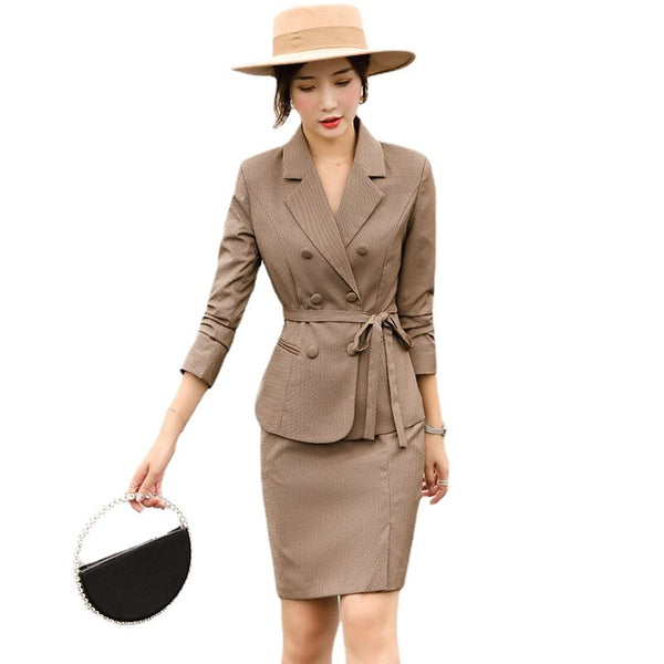 Coffee Blue Plaid Skirt Suits Women Girl Two Piece Set with Sash Casual Female Ladies Double Breasted Blazer Clothes