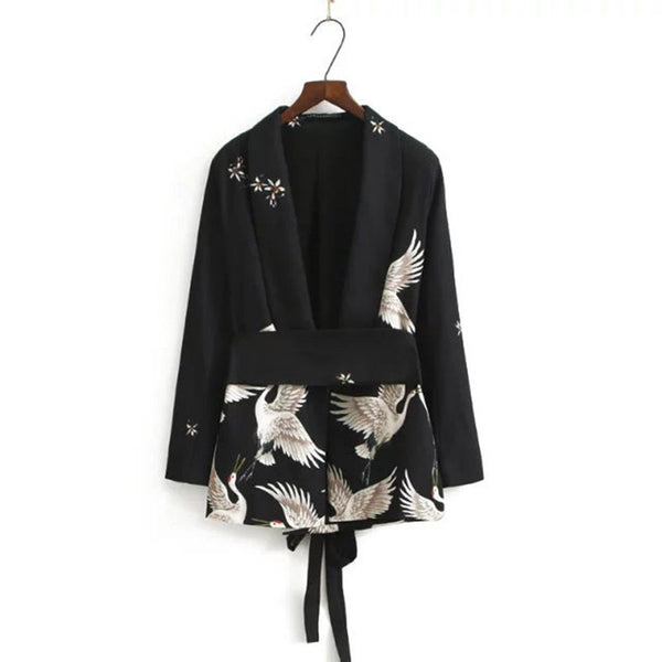Fashion Crane Print Sashes Waist Black Blazer Woman Slim Mid Suit Jacket Coat Outerwear With Belt Zevrez
