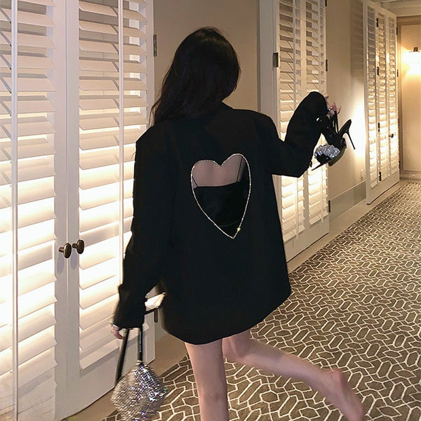 Design Diamond Backless Pierced Black Suit Jacket Women 2023 Spring Heart Shape Rhinestone All-Matching Loose Blazer