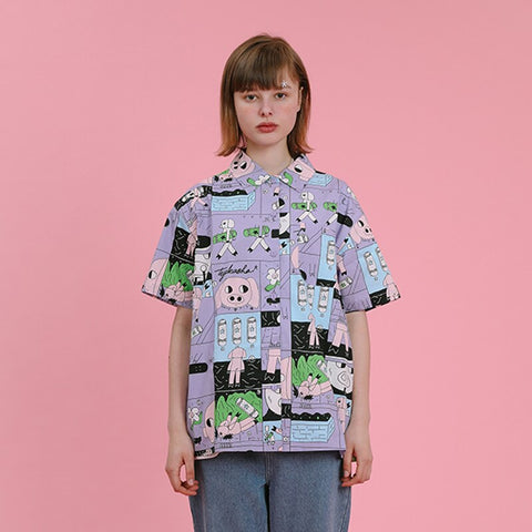 Design Women Summer Blouse Short Sleeve Turn-down Collar Cartoon Pig Graffiti Ladies Loose Shirt Tops