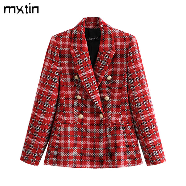Double Breasted Plaid Blazers and Jackets Work Office Lady Autumn Women Suit Slim Business Female Blazer Coat Talever