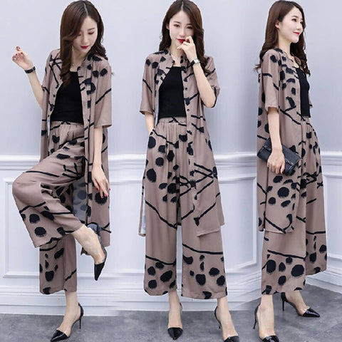 Elegant  2 Piece Set Women Spring Summer  Long Cardigan Blouse And Wide Leg Pant Sets Chiffon Pants Suits