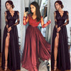 Elegant Ladies Women Sexy Long Sleeve High Waist Lace Slim Fit V Neck Party Formal Split Maxi Dress Black/Wine Red