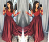 Elegant Ladies Women Sexy Long Sleeve High Waist Lace Slim Fit V Neck Party Formal Split Maxi Dress Black/Wine Red