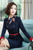 Elegant Navy Blue Formal Women Business Suits with Skirt and Jackets Professional OL Styles Blazers With Scarf and Belt