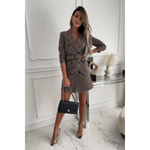Elegant Office Lady Long Sleeve Casual Blazer Dress Double Breasted V-neck Plaid Slim Suit Women Dress Female Formal