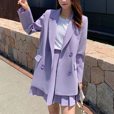 Elegant Skirt Suits Women Double Breasted Blazer Suit Jacket + Slim Pleated Mini Skirts 2 Pieces Office Lady Casual Set