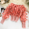 Elegant Slash Neck Puff Sleeve Blouse Women Patchwork Sexy See Through  Chiffon Blouse 3D Flower Shirts Korean Tops