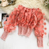 Elegant Slash Neck Puff Sleeve Blouse Women Patchwork Sexy See Through  Chiffon Blouse 3D Flower Shirts Korean Tops