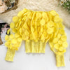 Elegant Slash Neck Puff Sleeve Blouse Women Patchwork Sexy See Through  Chiffon Blouse 3D Flower Shirts Korean Tops