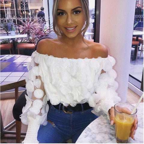 Elegant Slash Neck Puff Sleeve Blouse Women Patchwork Sexy See Through  Chiffon Blouse 3D Flower Shirts Korean Tops