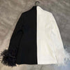 Feather Blazer Women 2023 Spring Lapel Long Sleeve Black and White Color Matching Cuff Ostrich Fur Cool Suit Jacket Coat