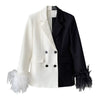 Feather Blazer Women 2023 Spring Lapel Long Sleeve Black and White Color Matching Cuff Ostrich Fur Cool Suit Jacket Coat