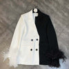 Feather Blazer Women 2023 Spring Lapel Long Sleeve Black and White Color Matching Cuff Ostrich Fur Cool Suit Jacket Coat