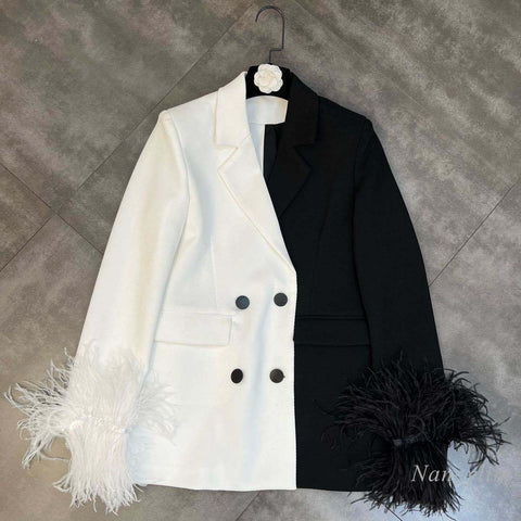 Feather Blazer Women 2023 Spring Lapel Long Sleeve Black and White Color Matching Cuff Ostrich Fur Cool Suit Jacket Coat