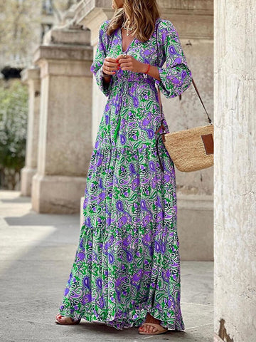 Floral Long Dress Women Long Sleeve Print Dress Summer V Neck Elegant Woman Beach Dress Casual Vintage Loose Sundress