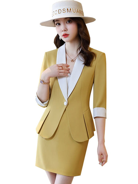 Formal Skirt Suit Women Female Pink Yellow Half Sleeve Two Piece Set for Office Ladies Spring Summer Work Wear