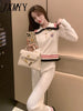 Gentle Style Contrast Color Wooden Ear Knitted Two-Piece Suit Autumn And Winter Wide Leg Pants Suit Women's Clothing