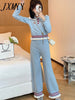 Gentle Style Contrast Color Wooden Ear Knitted Two-Piece Suit Autumn And Winter Wide Leg Pants Suit Women's Clothing