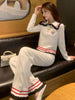 Gentle Style Contrast Color Wooden Ear Knitted Two-Piece Suit Autumn And Winter Wide Leg Pants Suit Women's Clothing