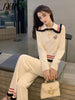 Gentle Style Contrast Color Wooden Ear Knitted Two-Piece Suit Autumn And Winter Wide Leg Pants Suit Women's Clothing