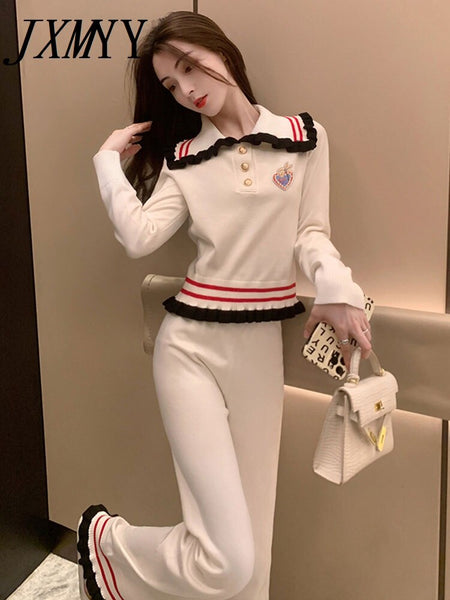 Gentle Style Contrast Color Wooden Ear Knitted Two-Piece Suit Autumn And Winter Wide Leg Pants Suit Women's Clothing