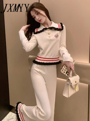 Gentle Style Contrast Color Wooden Ear Knitted Two-Piece Suit Autumn And Winter Wide Leg Pants Suit Women's Clothing