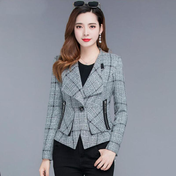 Gray Plaid Suit Female 2022 Autumn Women's Blazer Long Sleeve Single Button Short Spring Slim Lady Suits Outerwear