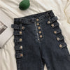 High Waist Jeans Women's Metal Buckle Tight Belly Trimming Slender Skinny Stretchy Pencil Pants Cropped Pants Punk Style