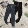 High Waist Jeans Women's Metal Buckle Tight Belly Trimming Slender Skinny Stretchy Pencil Pants Cropped Pants Punk Style