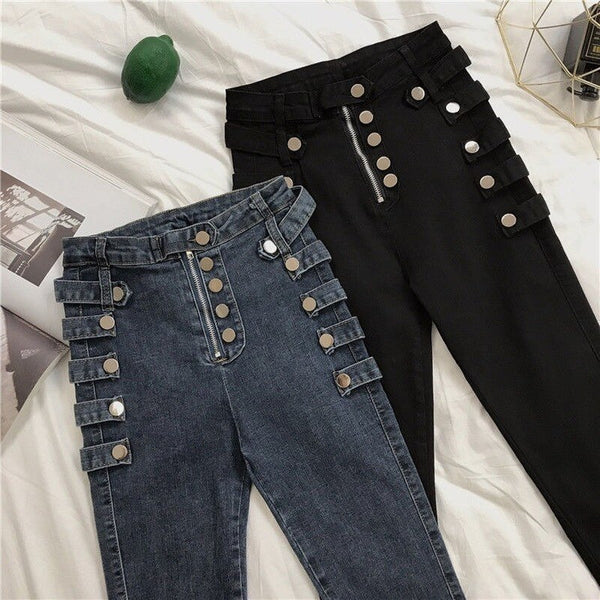High Waist Jeans Women's Metal Buckle Tight Belly Trimming Slender Skinny Stretchy Pencil Pants Cropped Pants Punk Style