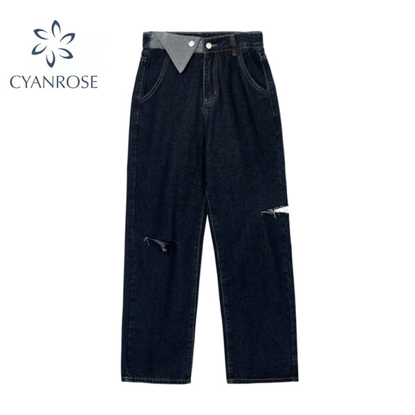 High-Waist Ripped Women's Jeans 2022 Wide Leg Patchwork Casual Button Pocket Denim Pants Y2K Streetwear Autumn