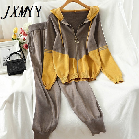 Knitted Tracksuit Women Zipper Splice Hooded Cardigan And Side stripe Ankle Banded Pants Korean Style Two-Piece Suit