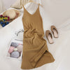 Knitted Women Dresses Elegant Solid Colid  Korean Split Out Sleeveless V-Neck Party Female Dress Vestidos
