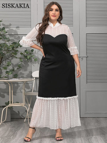 Lace Patchwork Indie Folk Maxi Dress for Women Elegant Stand Collar Half Sleeve Evening Party Clothes Fall 2022 New