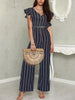 Fashion Ladies Women Summer Jumpsuit Ruffles Lace up Sleeveless V Neck Striped Casual Wide Leg Pant Summer Chic Ladies