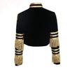 Lady Fringe Patched Metallic Double Breasted Stripe Black Gothic Jacket Women Autumn Stand Collar Cropped Jacket Women