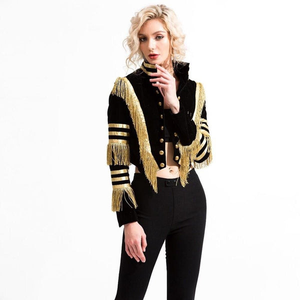 Lady Fringe Patched Metallic Double Breasted Stripe Black Gothic Jacket Women Autumn Stand Collar Cropped Jacket Women