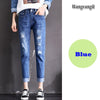 Large size women's denim nine pants 2022 spring and summer high waist hole 5XL Blue women's elastic feet pants 015#