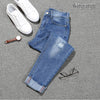 Large size women's denim nine pants 2022 spring and summer high waist hole 5XL Blue women's elastic feet pants 015#