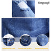 Large size women's denim nine pants 2022 spring and summer high waist hole 5XL Blue women's elastic feet pants 015#