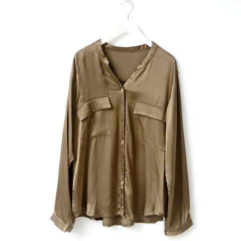 Fashion Light Silk Satin Blouse Ladies Casual Long Sleeve Elegant V Neck Spring Autummn Shirt With Pocket Women Tops Camisas Pop