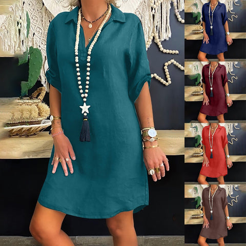 Long Blouses Women Plus Size Solid Color Cotton Linen Turn Down Collar Loose Shirt V-neck Dress blusas mujer de moda2022