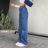 Long Denim Trousers 90s Vintage Argyle Woman High Waist Straight Jeans Pants Capris Froll Plaid Y2K Streetwear Clothes