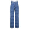 Long Denim Trousers 90s Vintage Argyle Woman High Waist Straight Jeans Pants Capris Froll Plaid Y2K Streetwear Clothes