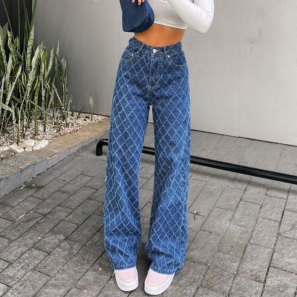 Long Denim Trousers 90s Vintage Argyle Woman High Waist Straight Jeans Pants Capris Froll Plaid Y2K Streetwear Clothes