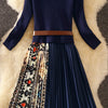 Long Sleeve O Neck Belt Midi Dresses Elegnat Women's Knitted Patchwork Printing Pleated Dress Autumn