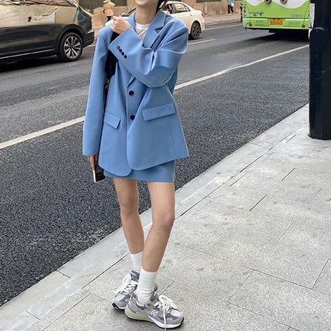 Loose Women Shorts Suits Long Sleeve Blazer & Pencil Mini Skirts Elegant Ladies 2 Pieces Skirt Set 2022