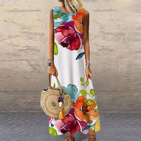 Maxi Dress For Women Summer Casual Print Dress O-neck Sleeveless Loose Long Dress Women Summer Robe Longue Été 2022