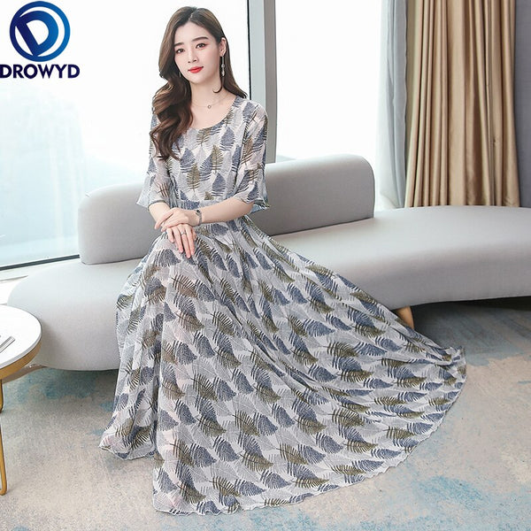 Midi Dresses for Women 2022 Chiffon Casual Dress Robe Femme Chic Vestitos Floral Short Sleeve O-Neck Summer Party Dress